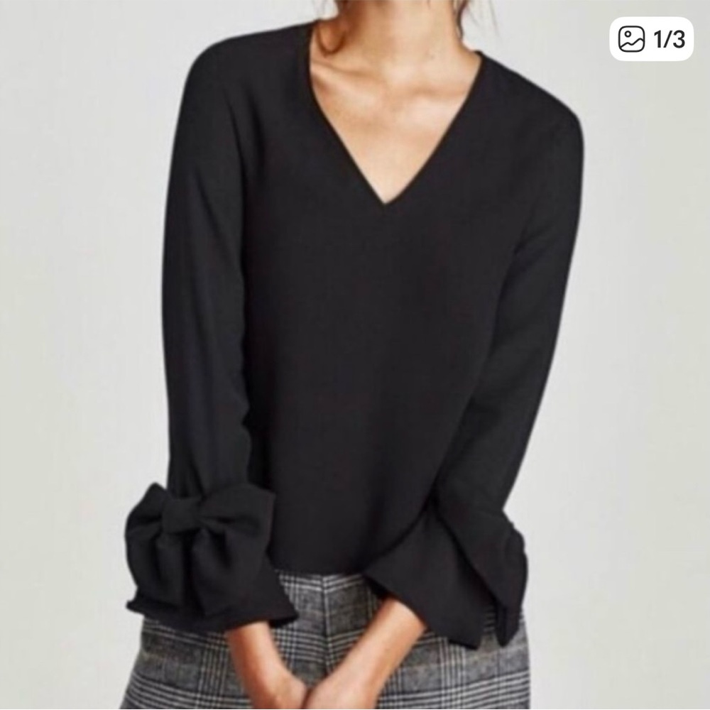 Zara Bow Sleeve Black V-Neck Women's Top